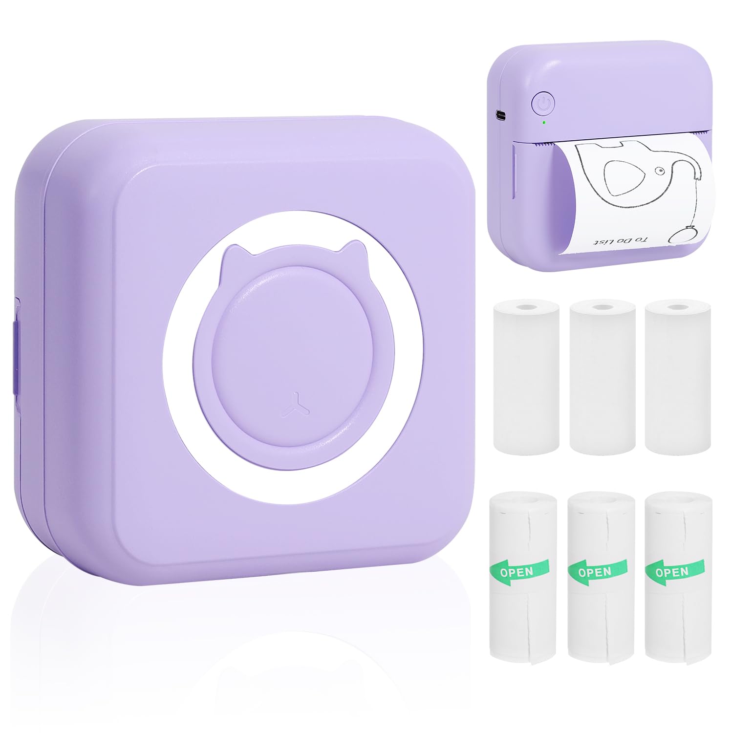 AURTEC Mini Thermal Printer,Portable Wireless Bluetooth Inkless Printer with 3 Rolls of Sticker and 3 Rolls of Thermal Paper,Compatible with Android/iOS,Pocket Printer for Memo,DIY,Photo etc. (Purple)