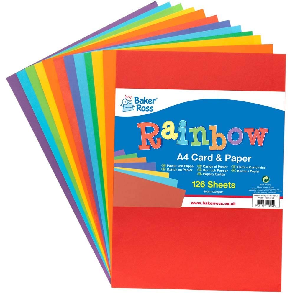 Baker Ross AX955 Rainbow A4 Card & Paper - Pack - Pack of 126, Coloured Art Supplies for Kids Craft Making Activities, Rainbow