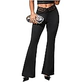 GORGLITTER Women's Lace Gothic Y2K Pants Bell Bottom Goth Pant Elastic Waisted Flared Leggings