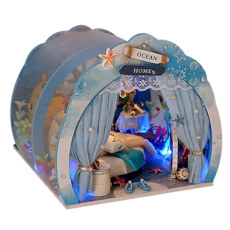 erhumama Ocean Tunnel Dollhouse With Furniture LED Light Kit DIY Miniature Wooden Dolls House Romantic Art Hand Craft Kid Christmas Birthday Gift