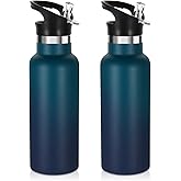 Volhoply 17oz Insulated Water Bottle Bulk 2 Pack,Stainless Steel Kids Water Bottles with Straw Lid,Reusable Metal Water Flask,Double Wall Vacuum Sports School Keep Hot & Cold (Dark Night,2 Set)