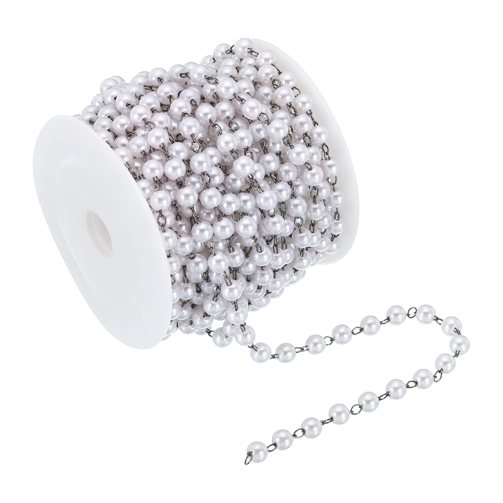 PATIKIL 5m/16 Feet Faux Pearl Beading Chain with Spool, 5mm Brass Chain Link for Decoration Making DIY Accessories Style 1, Dark Silver