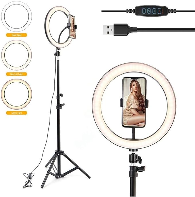 LED Ring Light with Tripod Stand, 10 inch Dimmable Ring Light, 3 Color