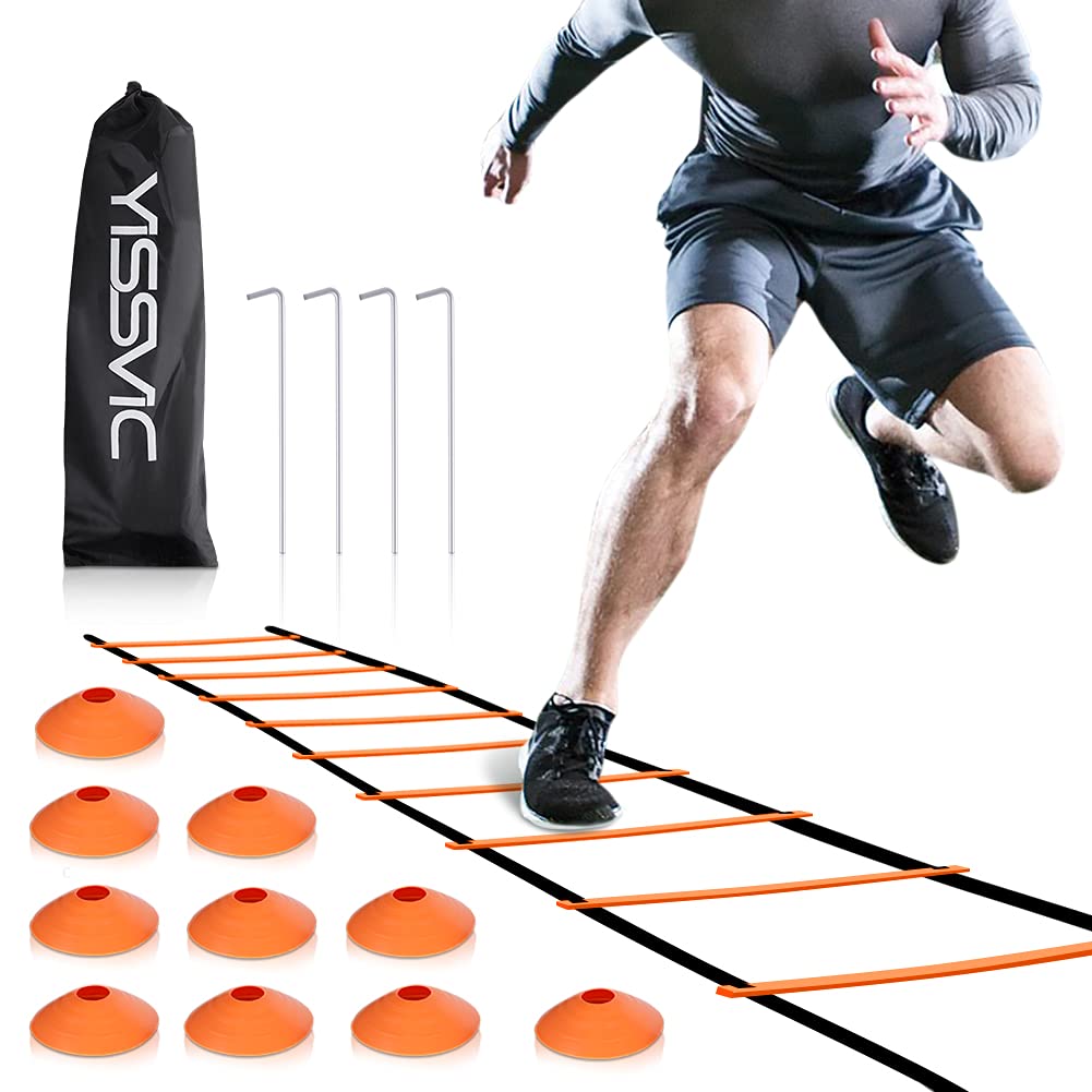 Photo 1 of YISSVIC Agility Ladder and Cones 20 Feet 12 Adjustable Rungs Fitness Speed Training Equipment,1 Carry Bags, 10 Cones, 4 Stakes, Basketball, Soccer (20 feet Orange)