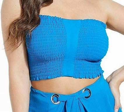 blue smocked tube top