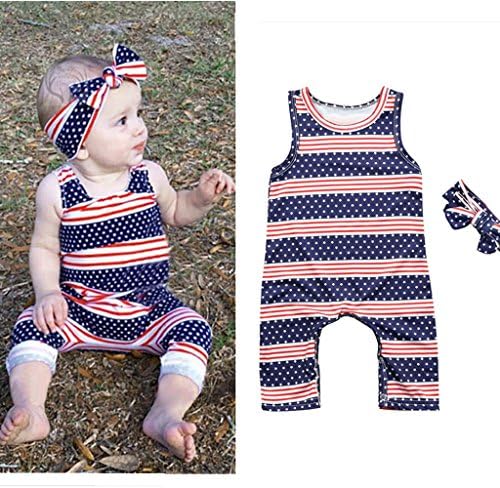 4th Of July Romper +Headband Outfits Set - Franterd Baby Girls Stars Striped Rompers for Toddler Kids Overalls Sleeveless Jumpsuits Pants (12M, Red)