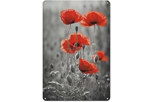 Rustic Metal Tin Sign Poppy Wall Art Red Flower Pictures Wall Decor Black and White Poppies Print Floral Painting for Home De