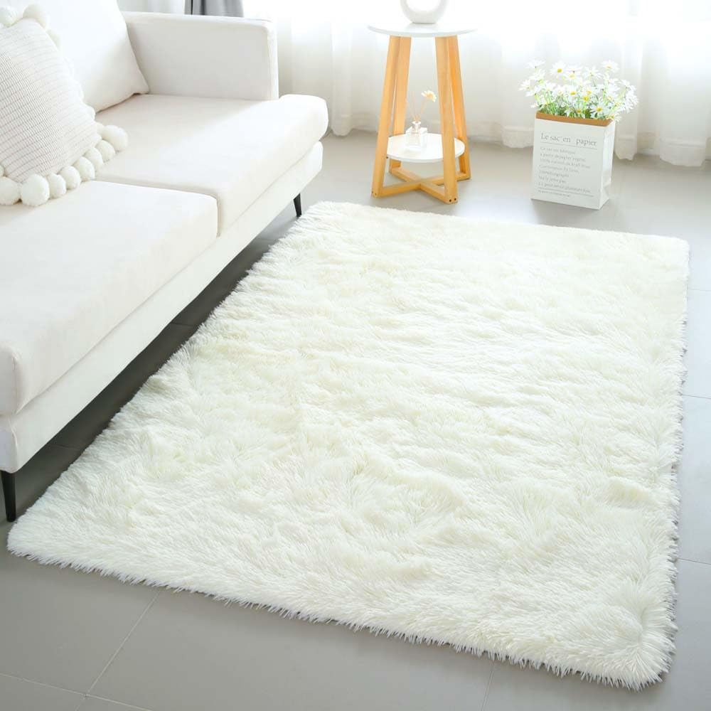 KCHOWUA Cream Fluffy Shag Rug for Bedroom,4x6 Machine Washable Soft ...
