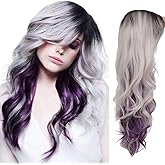 Siudus Grey Purple Long Curly Wigs for Women Dark Root Wavy Side Part Hair Wig Heat Resistant Fibre Cosplay Halloween Costume Wig