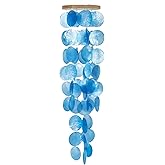 Capiz Shell Wind Chime for Outside 28” Sea Glass Wind Chime Ocean/Beach Themed Chime Gift for Women Mother’s Day Decoration Blue