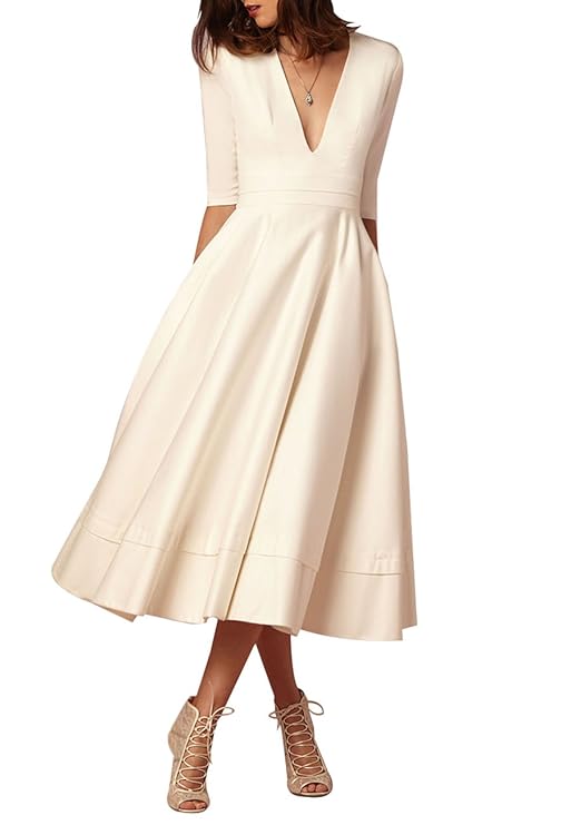 OMZIN Damen Cocktailkleid Elegantes Vintage Kleid V Ausschnitt 50er Retro Partykleid