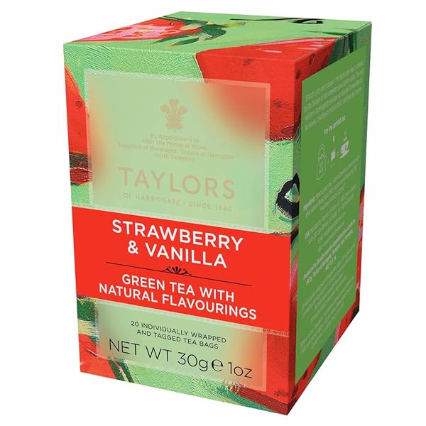 TAYLORS OF HARROGATE STRAWBERRY & VANILLA, GREEN TEA, INDIVIDUALLY WRAPPED BAGS, 20 COUNT (PACK OF 1), SMOOTH, JUICY AND SWEET, CAFFEINATED, ENJOY HOT OR ICED, 20 TEABAGS