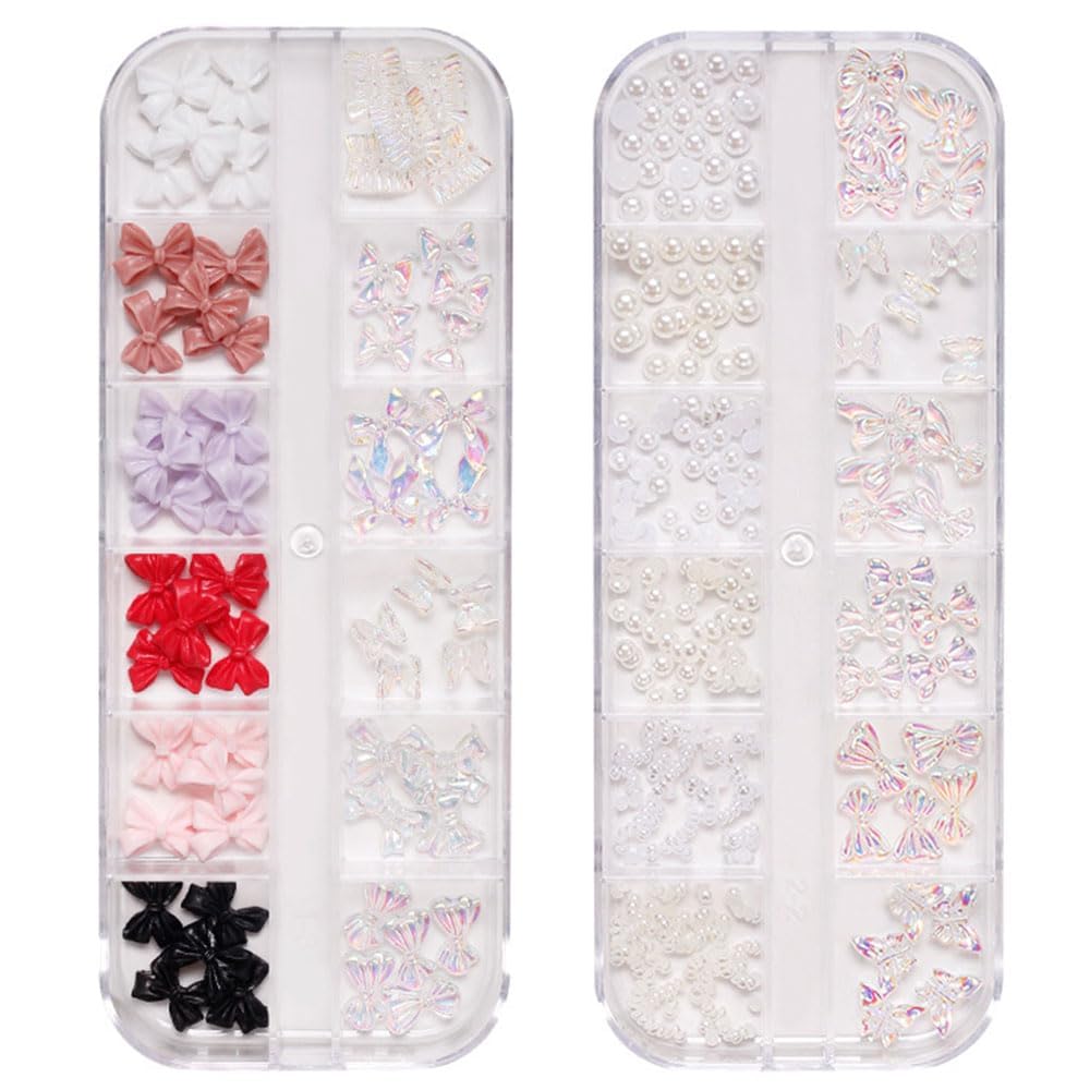 KAIFANGYA 2 Boxes 3D Aurora Bow Nail Art Charms Cute Colorful Resin Bowknot Nail Jewelry Supplies for DIY Design Craft