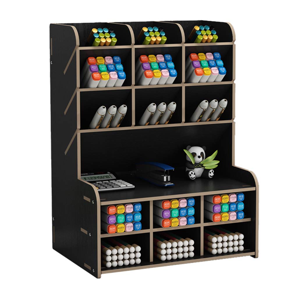 Wooden Desk Organizer, Large Capacity DIY Pen Holder Storage Box Desktop Stationary Storage Rack, Pen Organizer Caddies for Office, Home and School Supplies (B15-Black)
