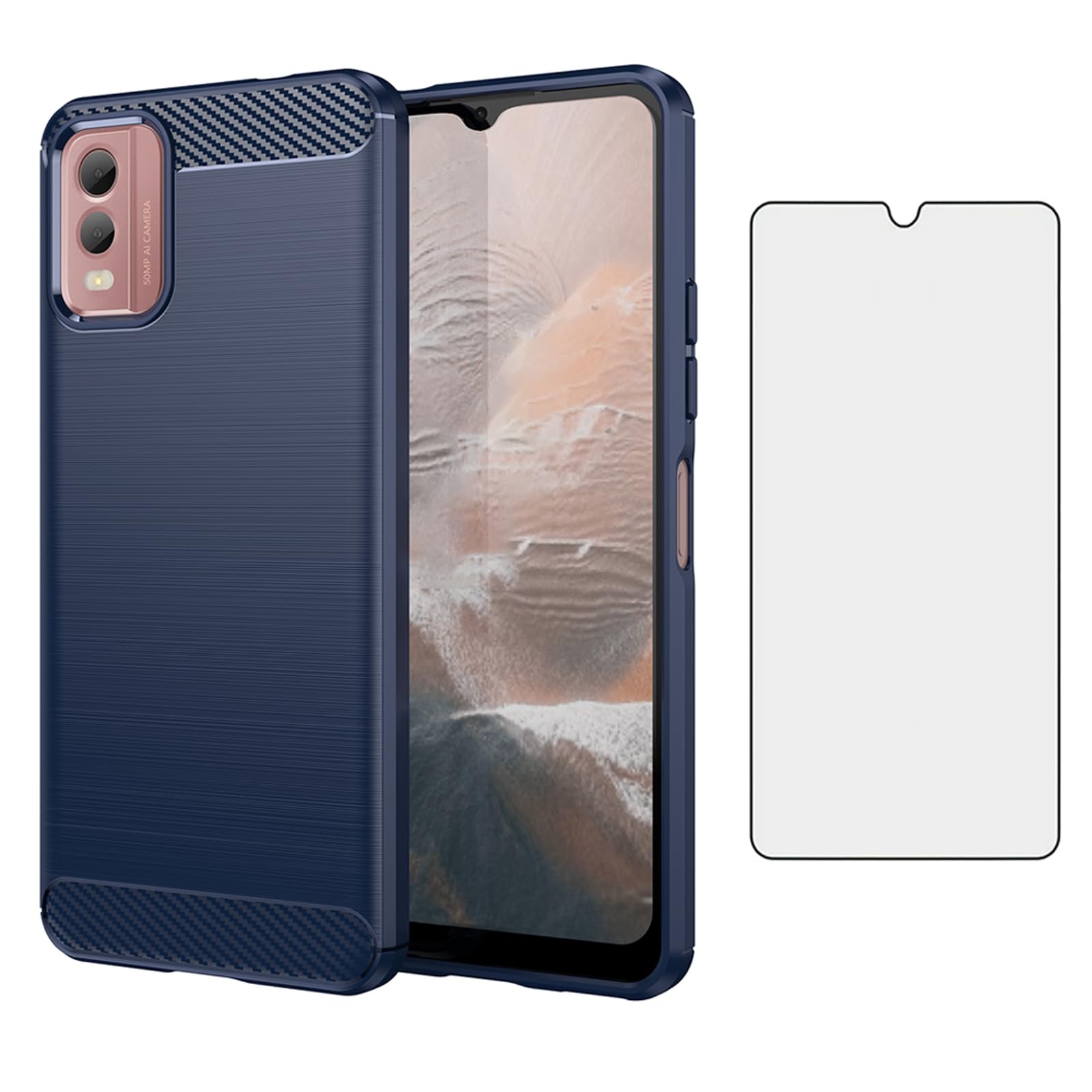 Asuwish Compatible with Nokia C32 Case and Tempered Glass Screen Protector with Shockproof Slim Silicone Wireless Charging Carbon Fiber Phone Cover for NokiaC32 C 32 Women Men Blue