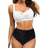Amy Babe Women's Twist Front Full Coverage Swimsuit V Neck Padded High Waisted Ruched Bikini Set Two Piece Bathing Suit