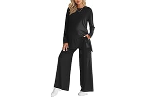 Sweetyweee Women's Maternity Lounge Sets 2 Piece Outfits Long Sleeve Side Slit Shirts Casual Wide Leg Pants with Pockets
