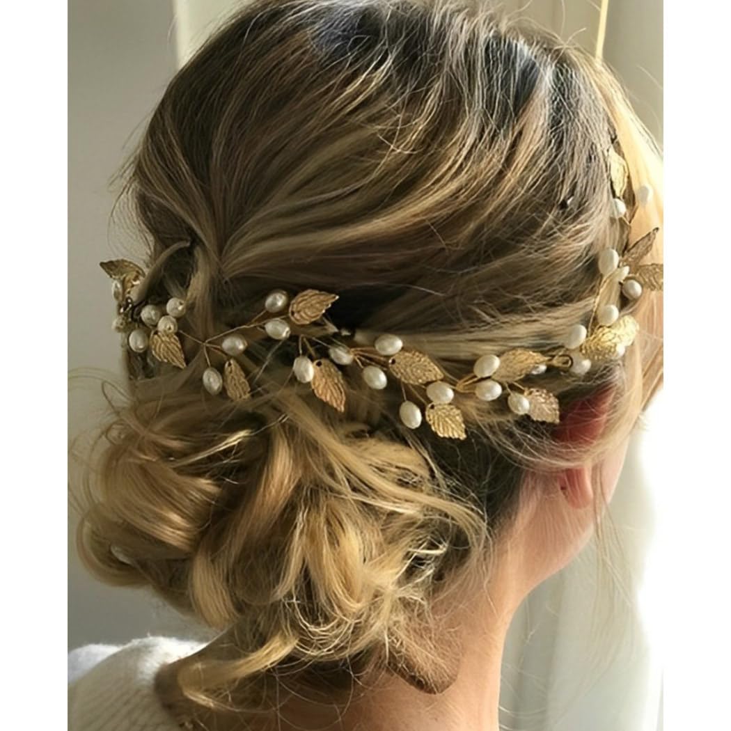 Handcess Bride Wedding Hair Vine Gold Pearl Headpiece Leaves Bridal Hair Accessories for Women