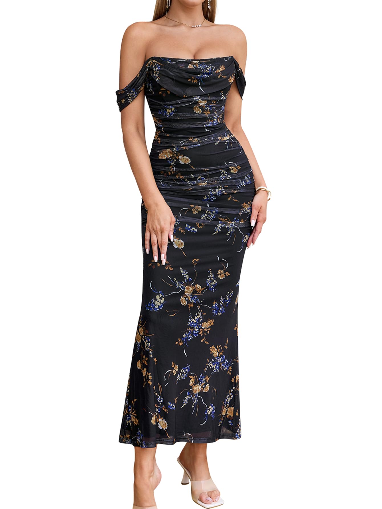 Photo 1 of KUTUMAI Off The Shoulder Maxi Long Dress Corset Ruched Bodycon Formal Wedding Guest Dresses for Women GoldFloral XL