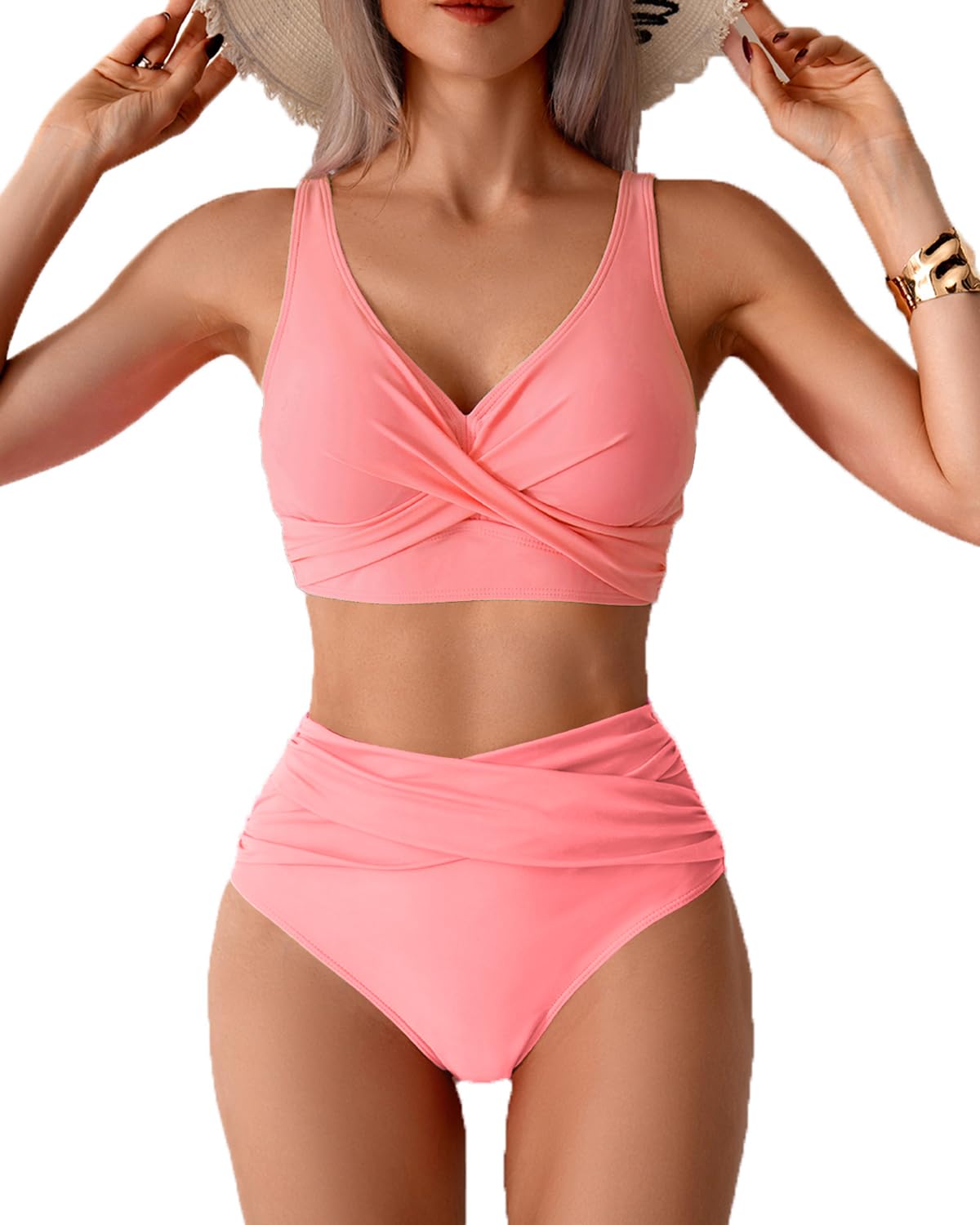 Photo 1 of Fanuerg Women High Waisted Bikini Sets V Neck Cross Twist Front Two Piece Swimsuit Tummy Control Bathing Suit Rose Coral Pink M