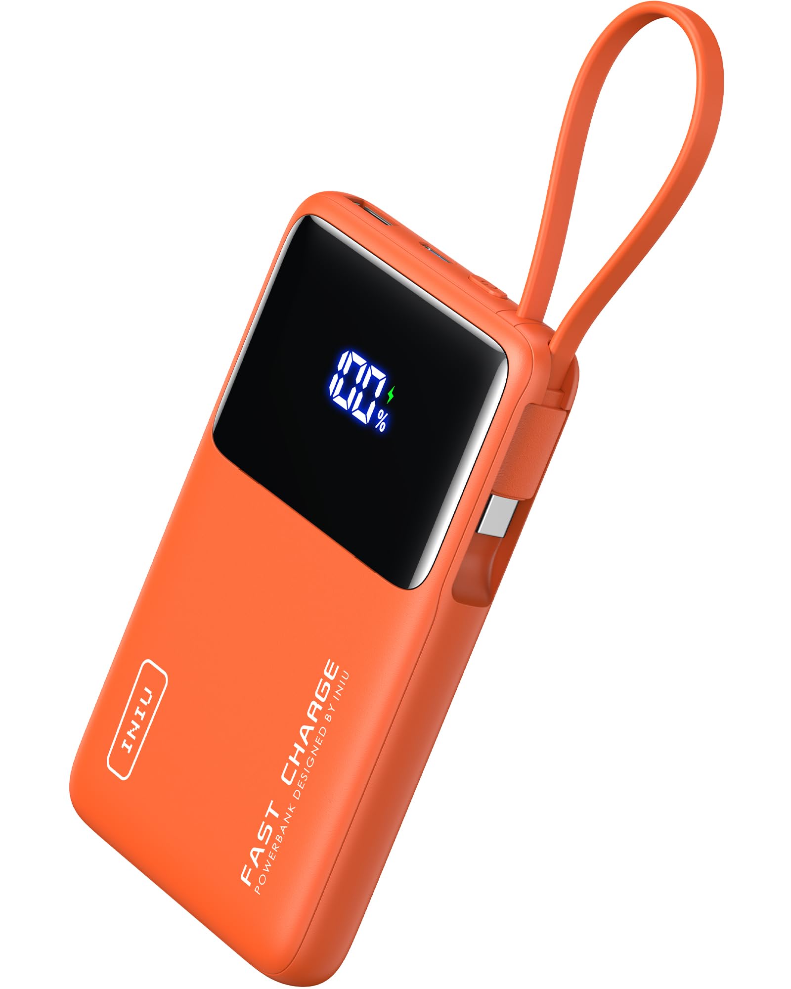 INIU Portable Charger, Slimmest 10000mAh Power Bank with Build in USB-C Cable, 45W PD Fast Charging USB C in&Out Battery Pack, External Phone Charger for iPhone 15 14 13 Samsung S23 S22 Google, Orange