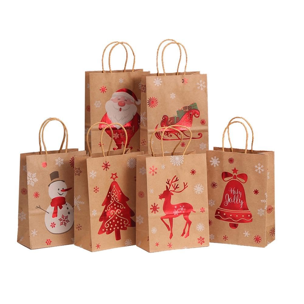 NIXNUT 12pcs Christmas Paper Bags Kraft Reusable Present Treat Gift Bag with Handles for Cookie Candy Baking Xmas Party Cute Patterns