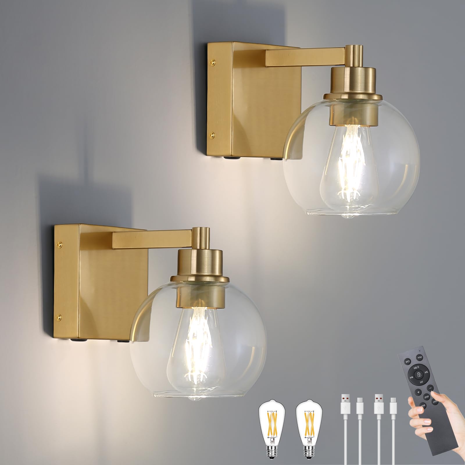 Photo 1 of HONGREN Battery Operated Wall Sconces Set of Two Glass Gold Cordless Rechargeable Wall Sconces with Remote Control LED Dimmable Wall Lights for Living Room Hallway (2 Pack)