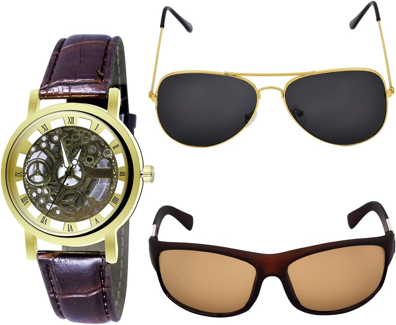 Freny Exim W025-S01-S20 Golden Dial Leather Watch with 2 Sunglasses for Men and Women