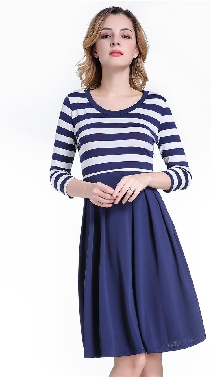 Green Mango Women's Vintage 3/4 Sleeve Navy Style Stripes Evening Party Casual Swing Dress