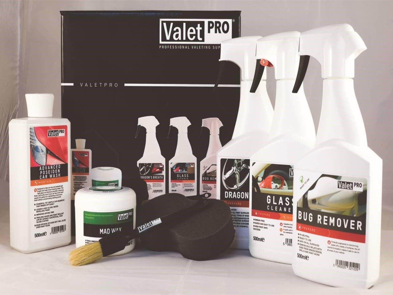 ValetPRO Exterior Car Care Kit, Complete Vehicle Wash/Wax Set with Tools, 8 Piece Set Includes Wash, Bug Remover, Wax, Dragon’s Breath Wheel Cleaner, Glass Cleaner and Accessories (8 Pieces)