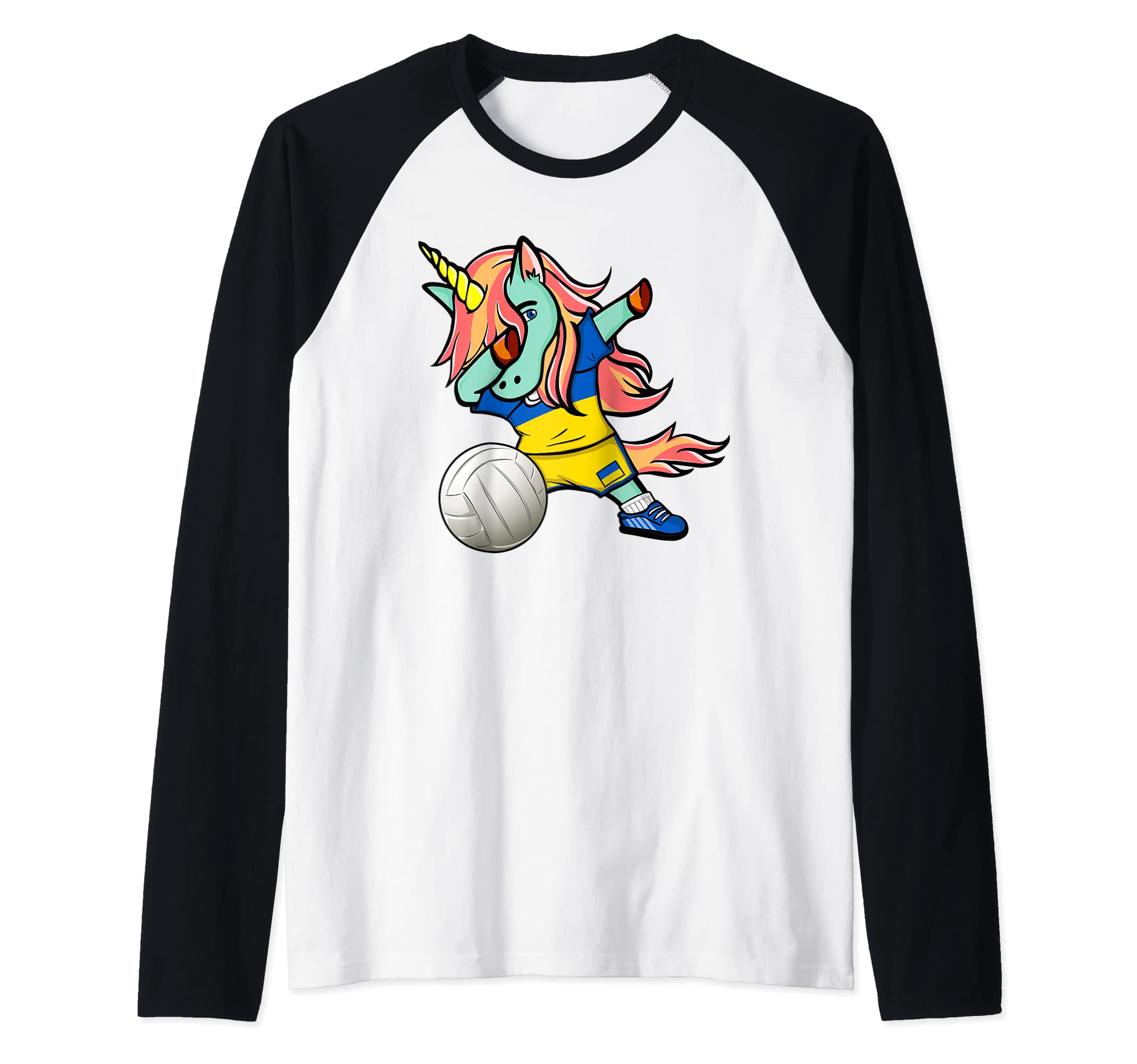 Dab Unicorn Ukraine Volleyball Lovers Jersey Ukrainian Flag Raglan Baseball Tee