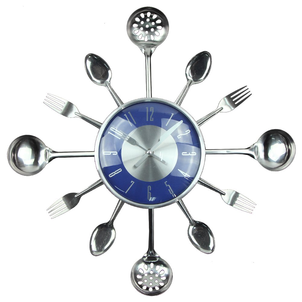 Timelike Wall Clock, 18" Metal Cutlery Utensil Kitchen Spoon Fork Wall Clock Creative Modern Home Decor Antique Style Wall Watch (Blue)