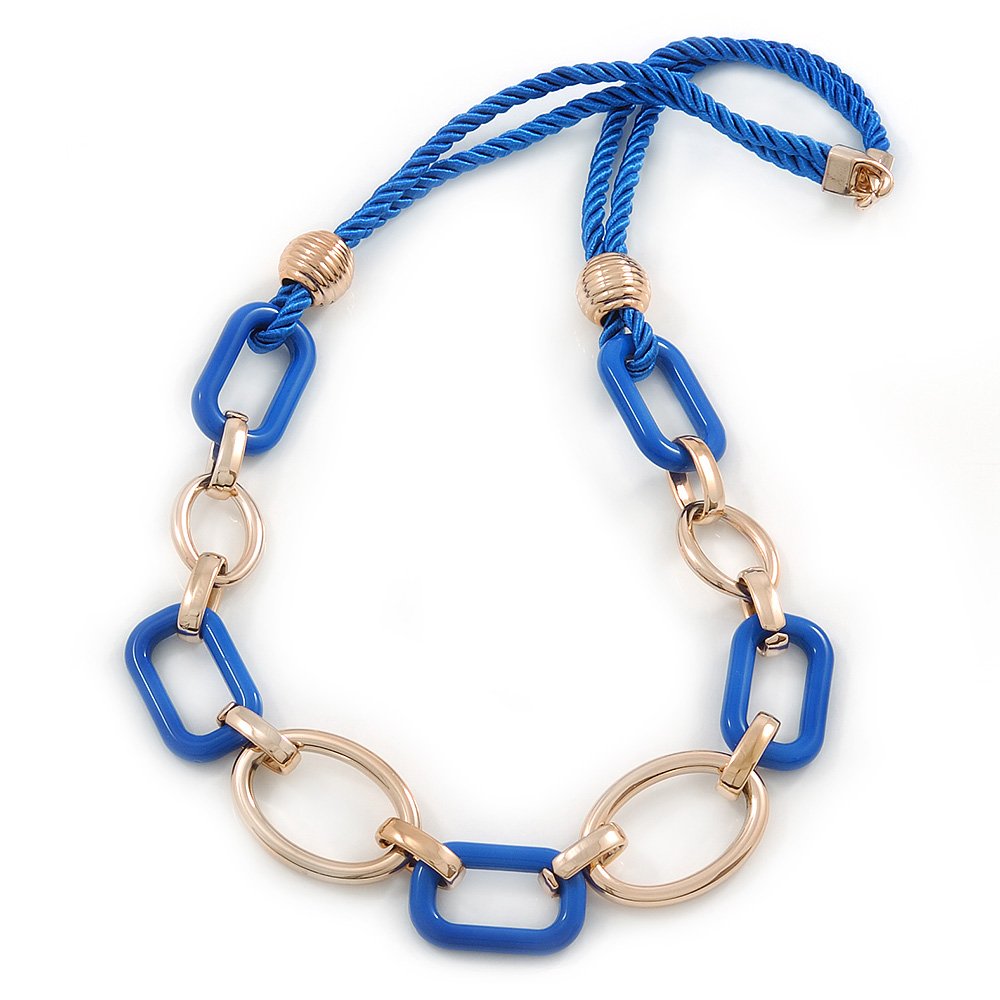 Avalaya Oval/Square Acrylic Link Silk Cord Necklace/in Blue/Gold Colours/ 74cm L