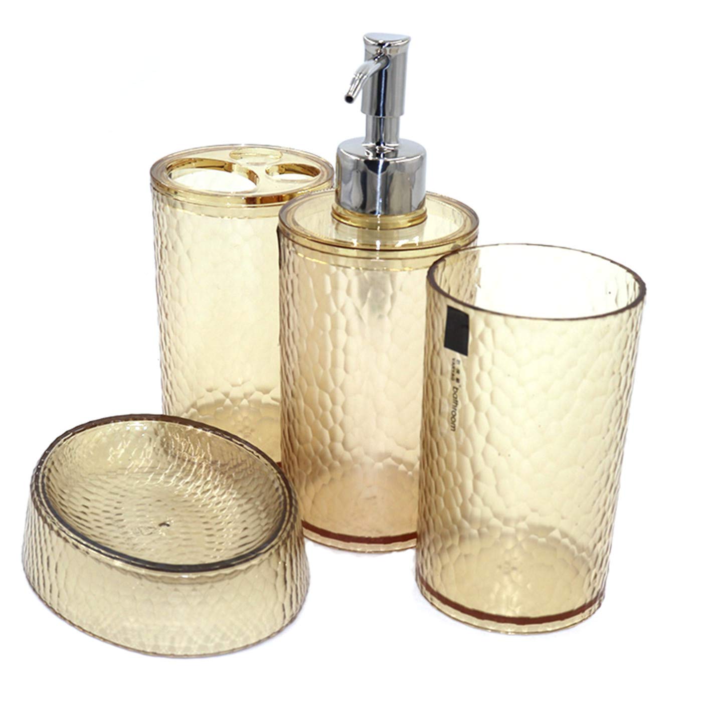 London Boutique 4 Pieces Bathroom Accessory Set Clear Soap Dispenser Toothbrush Holder Tumbler Soap dish (Clear Brown)