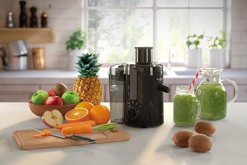 Frutelia Plus Centrifugeuse, 950 ml, 350 W, 2 vitesses, Goulot 6 cm, Filtre inox, Compact, Jus maison de fruits et légumes JU370810, Noir