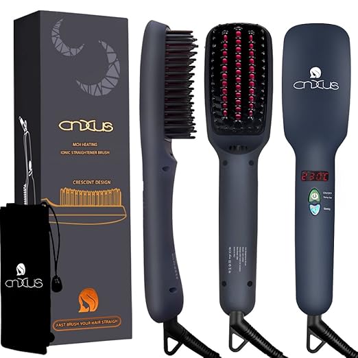 Ionic Hair Straightener Brush, CNXUS MCH Ceramic Heating + LED Display + Adjustable Temperatures + Anti Scald Hair Straightening Brush, Portable Frizz-Free Hair Care Silky Straight Heated Comb