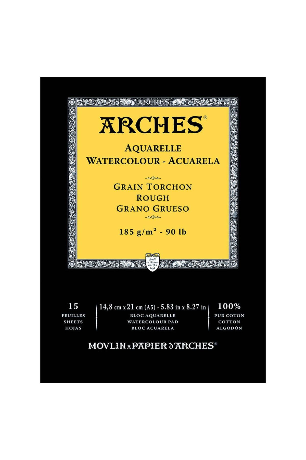 Arches Block for Watercolor glued 1 Side (15 Sheets) - Torchon Grain - Natural White 185g/mq - A5