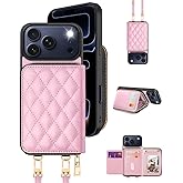 OCASE Compatible with iPhone 17 Pro Max Crossbody Wallet Case with Card Holder, PU Leather Zipper Handbag Phone Purse with RFID Blocking Kickstand Wrist Strap Lanyard 6.9 Inch, Diamond Check Pink