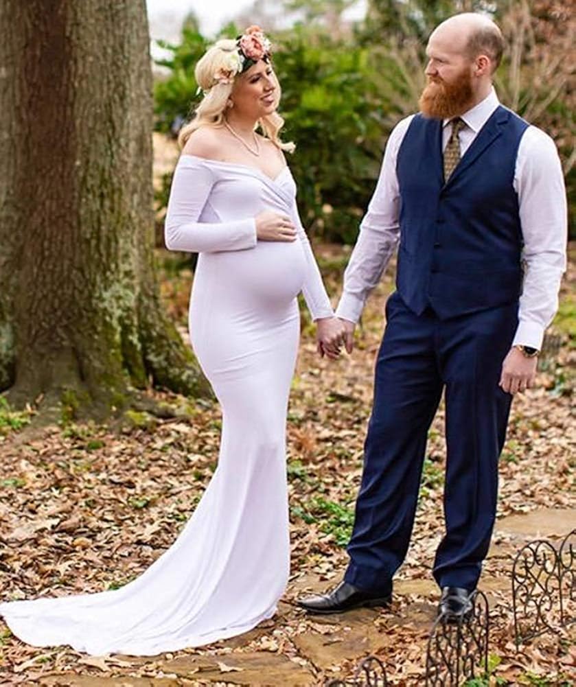 Saslax Maternity Elegant Fitted Maternity Gown Long Sleeve Slim Fit Maxi Photography Dress at  Women’s Clothing store