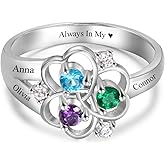Lovejewelry Personalized 925 Sterling Silver Mothers Rings with 3 Simulated Birthstones 3 Names Custom Flower Promise Ring Engraved Heart Rings for Women