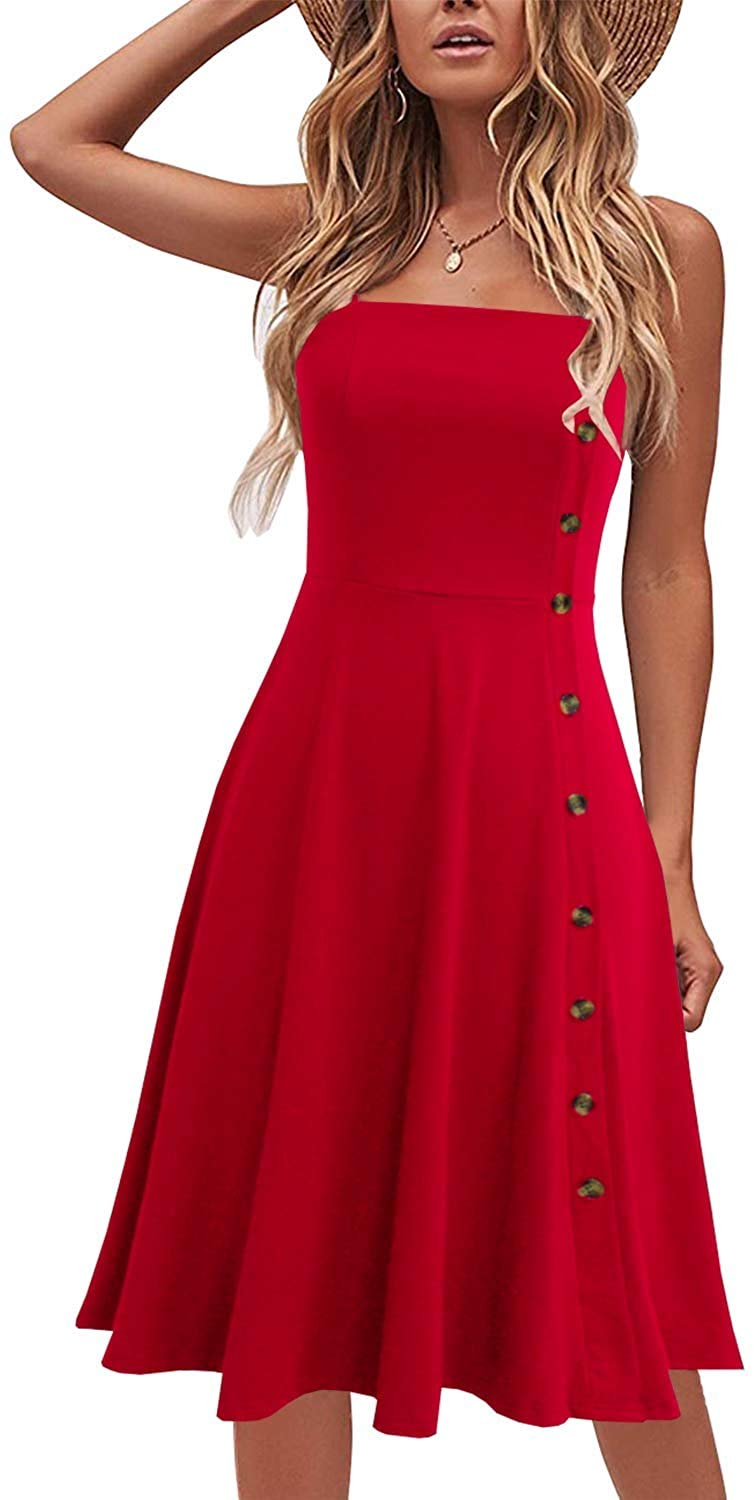 Photo 1 of Summer Dresses for Women Sleeveless Cotton Casual Beach Dress A Line Spaghetti Strap Midi Sundress Red