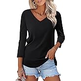 ORANDESIGNE Women's 3/4 Sleeves V Neck T Shirts Color Block Casual Summer Tops Fashion Loose Shirts Tees