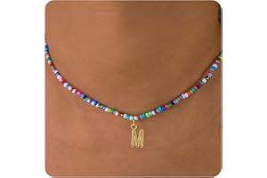 SENFOUR Colorful Beaded Initial Necklaces for Wowen Girls, Mother's Day Gifts for Mom from Daughter Son, Choker Necklace for Women, Gold Plated Name Letter Necklaces