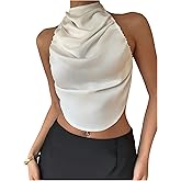 MakeMeChic Women's Party Satin Silk Tie Backless Halter Top Draped Front Sleeveless Crop Tops