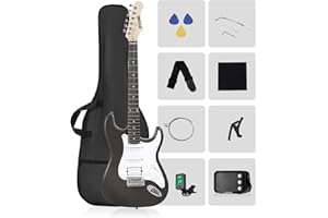 RVONE RST-150 39”Beginner Electric Guitar Kit with Amplifier, Classic HSS Pickup, Electric Guitar with Gig Bag, Capo, Strap, Extra Strings, Digital Tuner, 3 Picks, Cleaning Cloths (2-Black)
