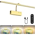 Picture Light with Remote, 20inch Wireless Rechargeable Battery Wall Light for Paintings, 3 Colors Paintings Light Dimmable &Timer Metal Art Light for Display, Wall, Artwork, Gallery (Gold)