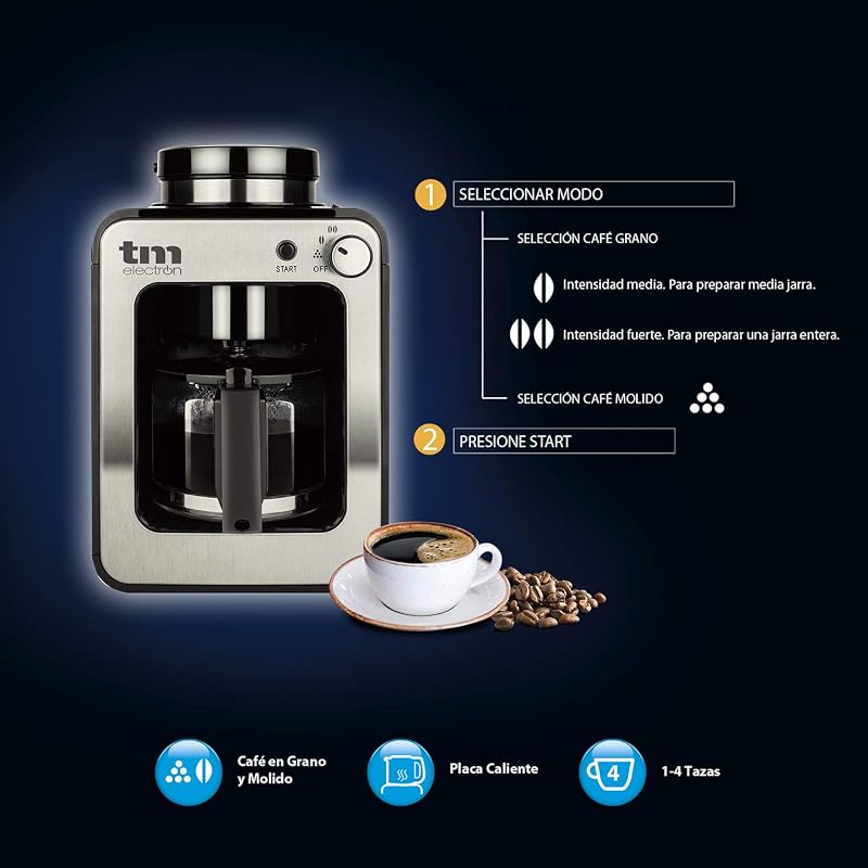 TMPCF020S Mini cafetera de Goteo con Molinillo Grano, 4 Tazas, 600W y Filtro Lavable Compatible con café molido, 600 W, 6 Cups, Acero Inoxidable, Plata — foto 4 de 7
