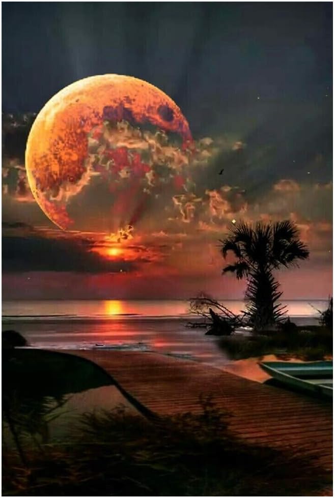 DIY 5D Diamond Painting Kit, Full Diamond Seaside Moon Beach Embroidery Rhinestone Cross Stitch Arts Craft Supply for Home Wall Decor