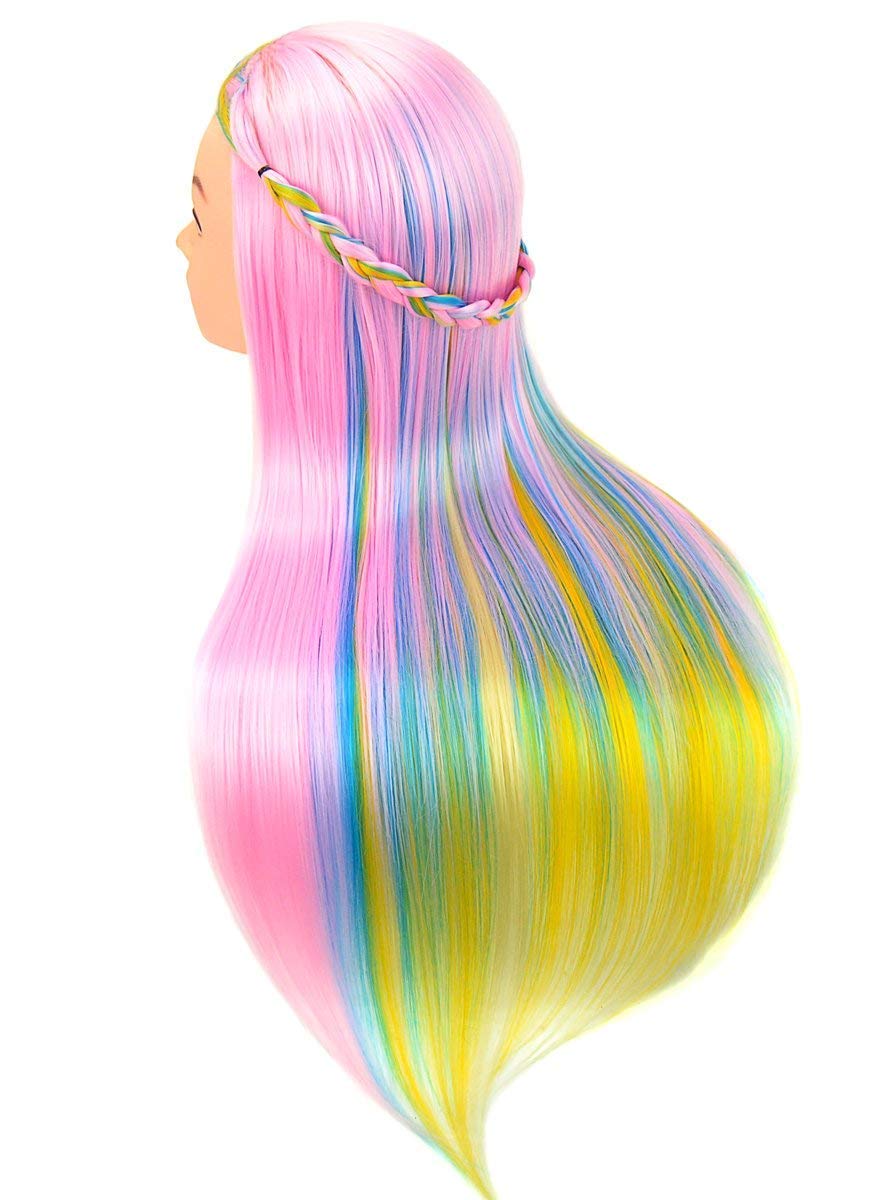 PERFEHAIR Hairdressing Mannequin Manikin Heads with 100% Synthetic Fiber Hair, Colorful Mannequin Practice Styling Training Dolls Model Head- Synthetic Hair (Pink Series)