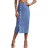 BERTHYFAI Women's Casual High Waist Button Down Denim Skirt Summer Fashion Slim Fit Split Solid Midi Pencil Jean Skirts